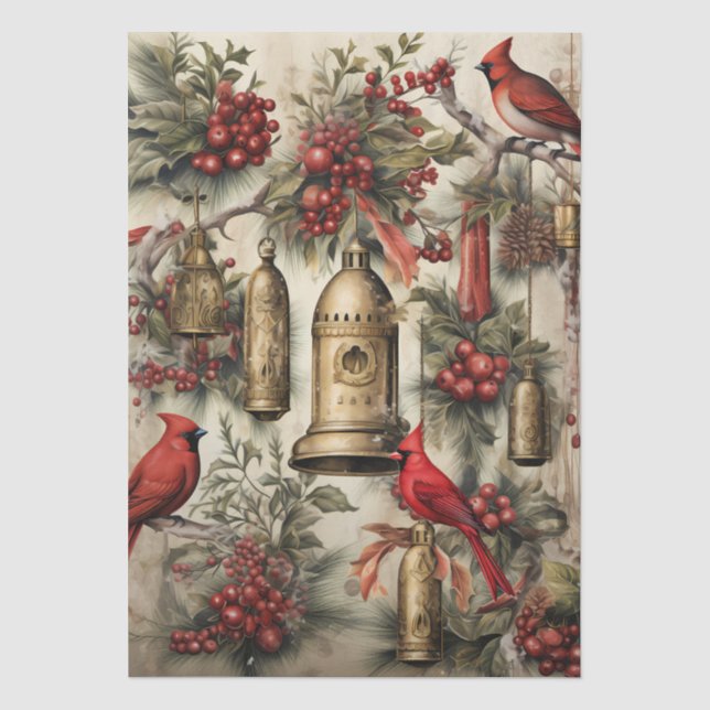 Red Cardinals & Winter Florals Decoupage  Tissue Paper (Front)
