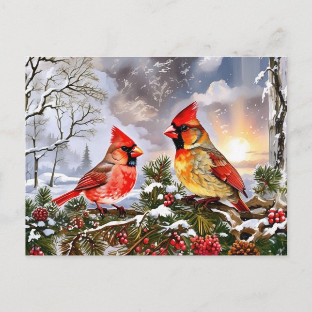 Red Cardinals with Wild Berries Winter Landscape Holiday Postcard (Front)
