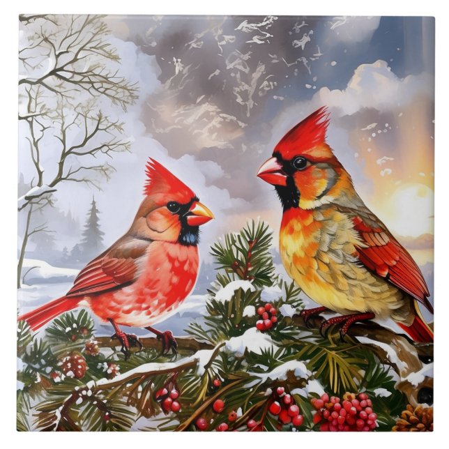 Red Cardinals with Wild Berries Winter Landscape Tile (Front)