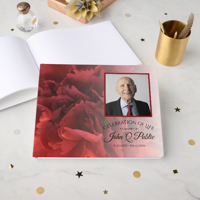 Red Carnation Floral Celebration of Life Guest Book (Front Open)