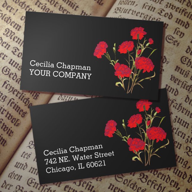 Red Carnation Flower Art Personalised Black Gothic Business Card (Creator Uploaded)