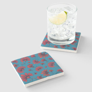 Red Carnation Pattern in Blue Stone Coaster