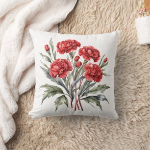 Red Carnations Floral Flowers Watercolor Cushion