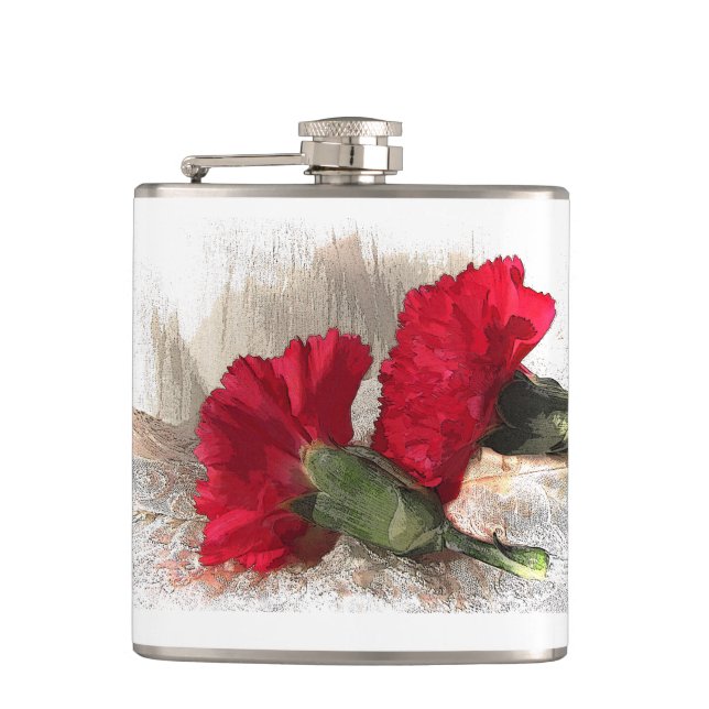 Red Carnations on Brocade Hip Flask (Front)