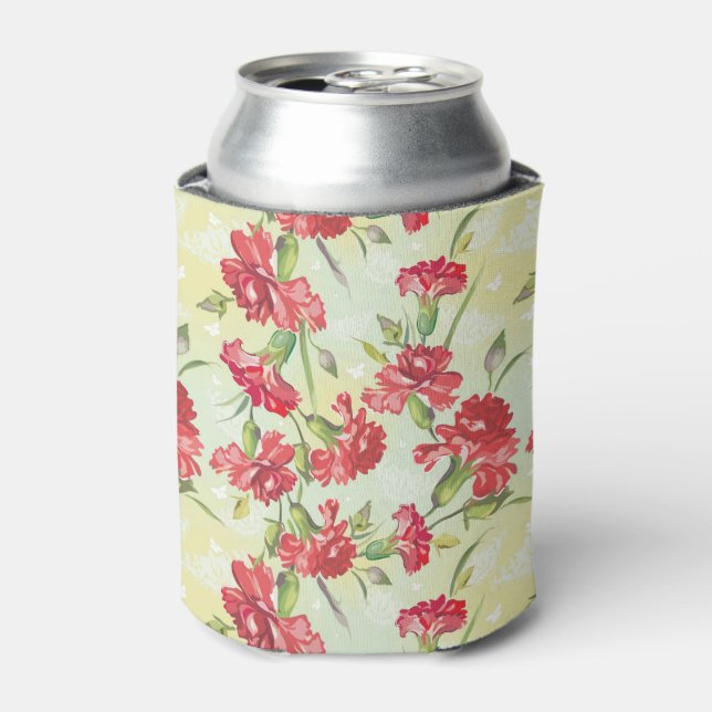 Red Carnations on green with butterflies Can Cooler (Can Front)