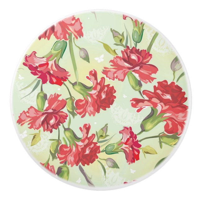 Red Carnations on green with butterflies Ceramic Knob (Front)