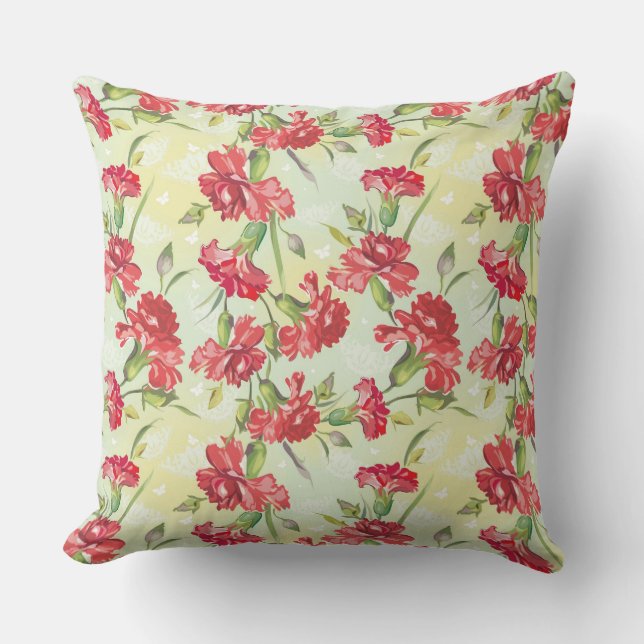 Red Carnations on green with butterflies Cushion (Front)