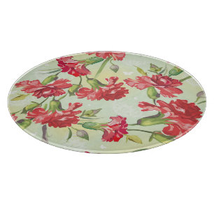 Red Carnations on green with butterflies Cutting Board