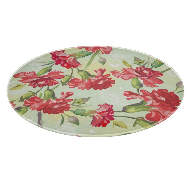Red Carnations on green with butterflies Cutting Board (Corner)