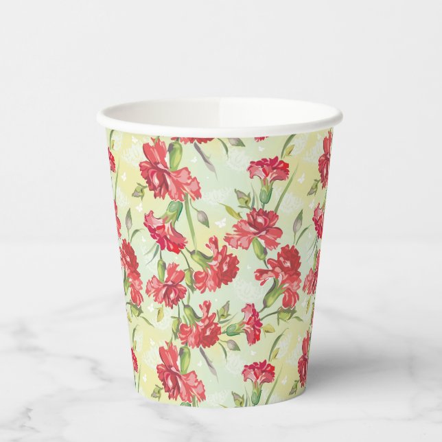 Red Carnations on green with butterflies Paper Cups (Left)