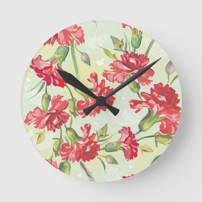 Red Carnations on green with butterflies Round Clock (Front)