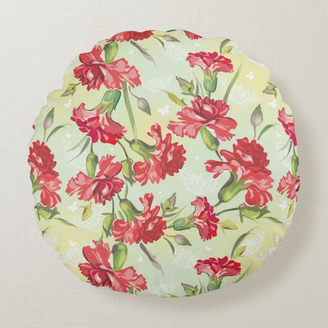 Red Carnations on green with butterflies Round Cushion (Front)