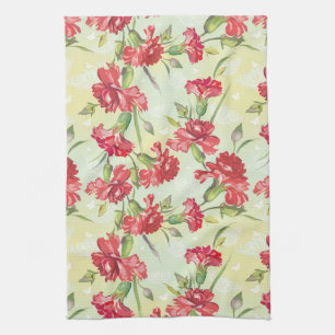 Red Carnations on green with butterflies Tea Towel