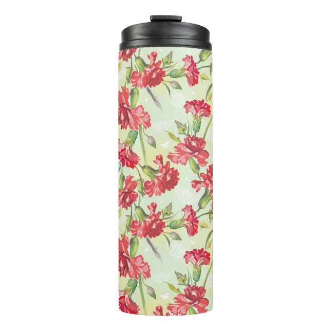 Red Carnations on green with butterflies Thermal Tumbler (Front)