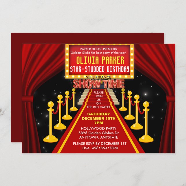 Red Carpet | Hollywood | Birthday Celebration Invi Invitation (Front/Back)