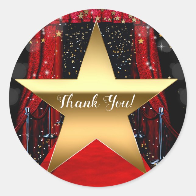 Red Carpet Hollywood Gold Stars Birthday Party Classic Round Sticker (Front)
