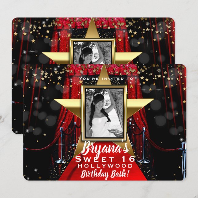 Red Carpet Hollywood Gold Stars Photo Party Invitation (Front/Back)
