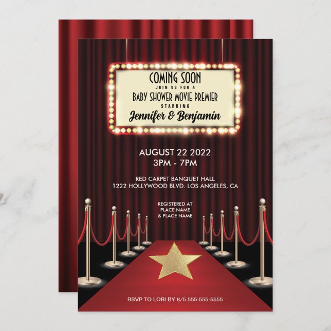 Red Carpet Hollywood Movie Premiere Baby Shower Invitation (Front/Back)