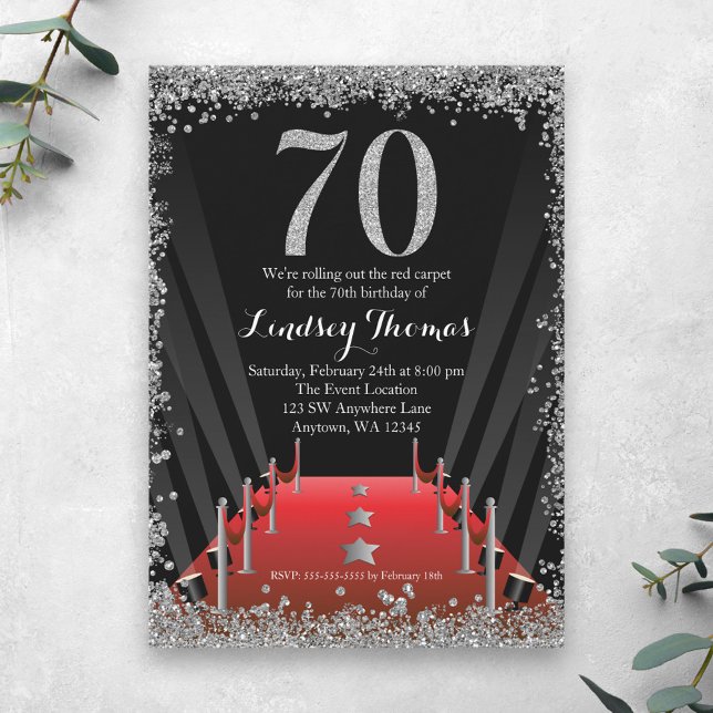 Red Carpet Hollywood Silver Glitter 70th Birthday Invitation (Creator Uploaded)