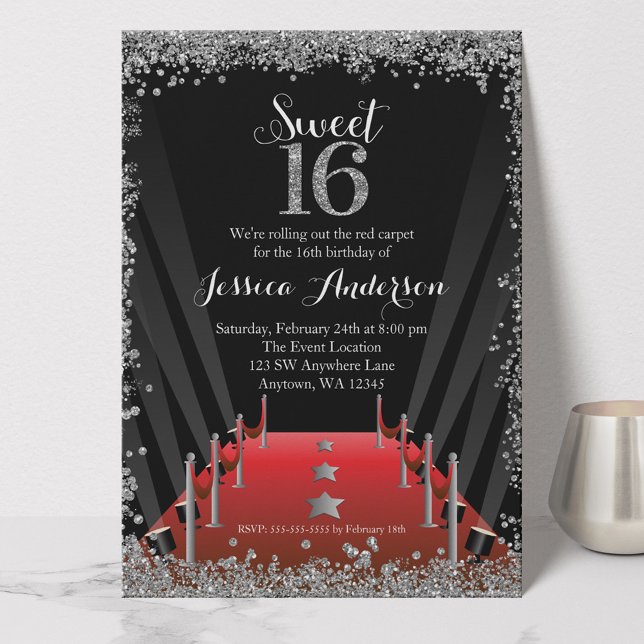 Red Carpet Hollywood Silver Glitter Sweet 16 Invitation (Creator Uploaded)