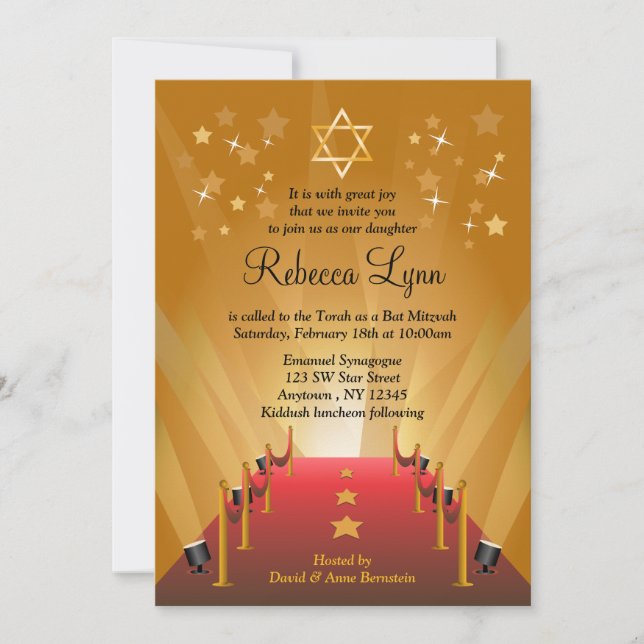 Red Carpet Hollywood Star Bat Mitzvah Invitation (Front)