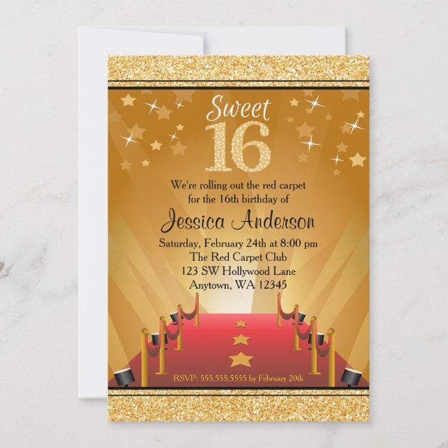Red Carpet Hollywood Star Gold Sweet 16 Birthday Invitation (Front)