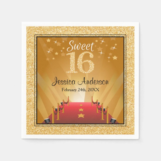 Red Carpet Hollywood Star Gold Sweet 16 Birthday Napkin (Front)