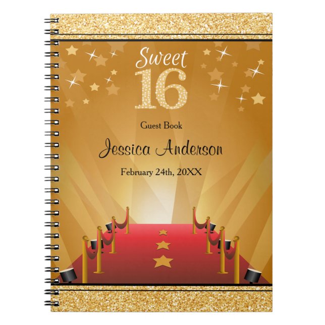 Red Carpet Hollywood Star Gold Sweet 16 Guest Book (Front)