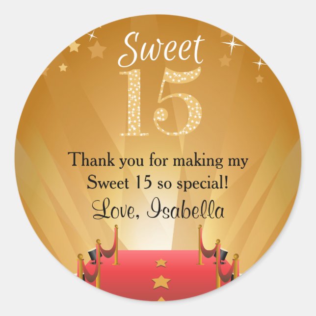 Red Carpet Hollywood Star Sweet 15 Favours Classic Round Sticker (Front)
