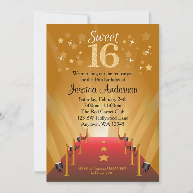 Red Carpet Hollywood Star Sweet 16 Birthday Invitation (Front)