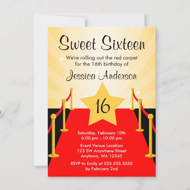 Red Carpet Hollywood Sweet 16 Birthday Party Invitation (Front)