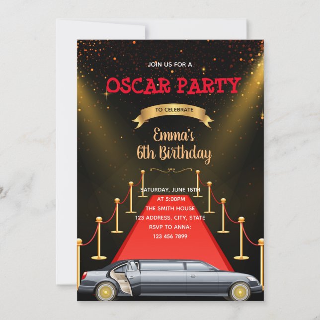 Red carpet limousine birthday invitation (Front)
