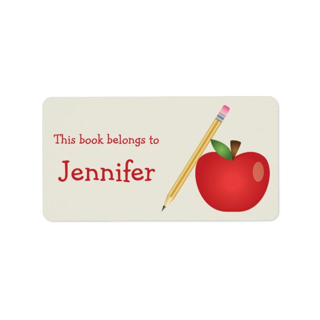 Red Cartoon Apple And Yellow Pencil & Custom Name Label (Front)