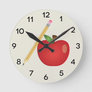 Red Cartoon Apple And Yellow Pencil Round Clock