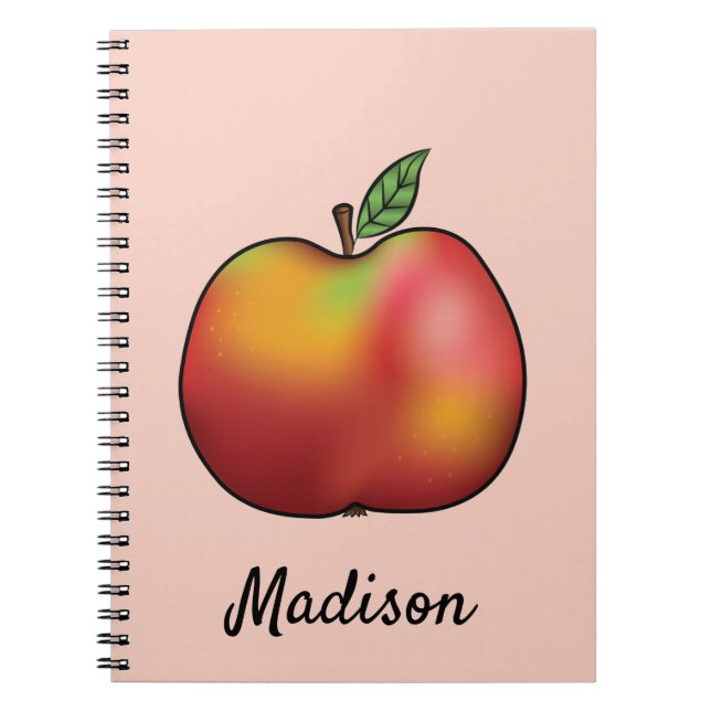 Red Cartoon Apple On Pink With Custom Name Notebook (Front)