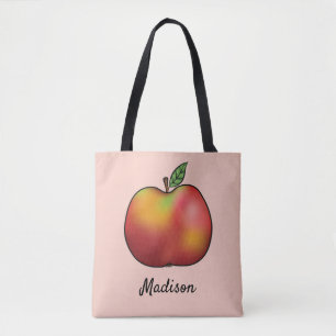 Red Cartoon Apple On Pink With Custom Name Tote Bag