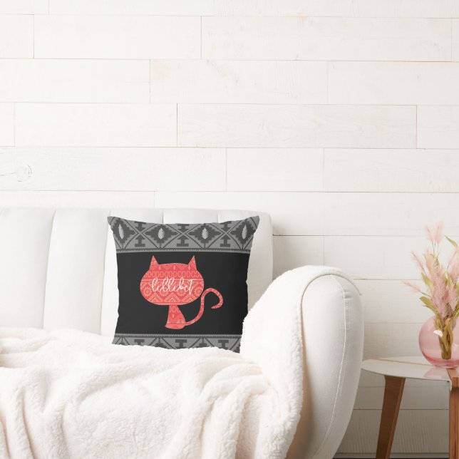 Red Cat | Grey and Black Native American Pattern Cushion (Couch)
