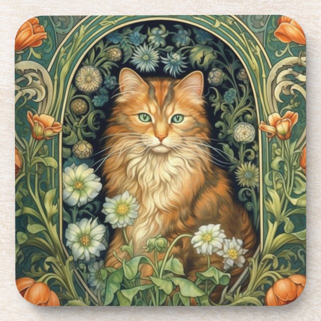 Red cat in the garden art nouveau coaster (Front)