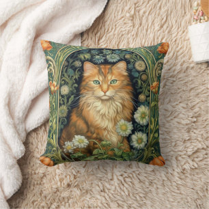 Red cat in the garden art nouveau  cushion
