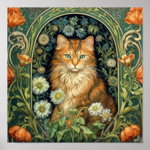 Red cat in the garden art nouveau poster
