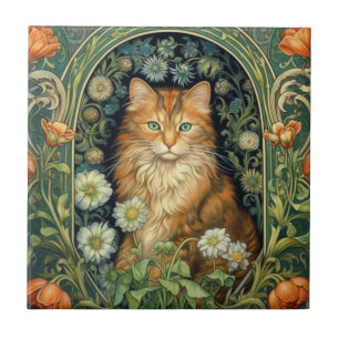 Red cat in the garden art nouveau  tile