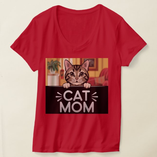 Red Cat Mum V-Neck T-Shirt (Laydown)