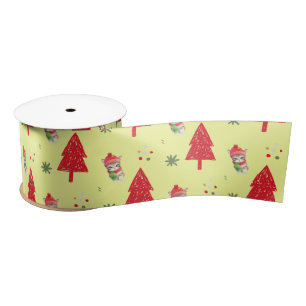 Red cat Santa Xmas tree Seamless pattern Satin Ribbon