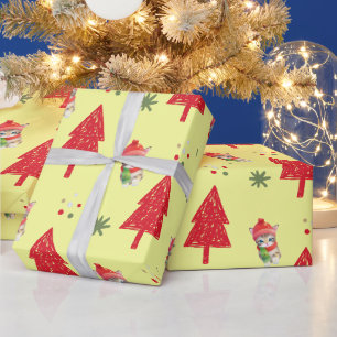 Red cat Santa Xmas tree Seamless pattern Wrapping Paper