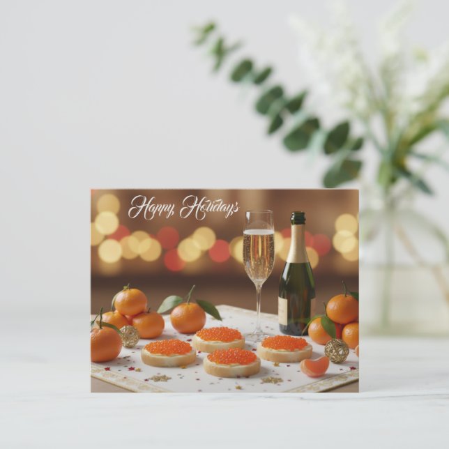 Red Caviar, Tangerines, Champagne Custom Name Holiday Postcard (Standing Front)