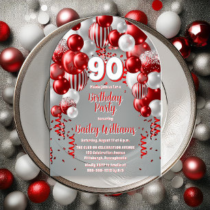 Red Celebration Balloons 90th Birthday Party Acrylic Invitations