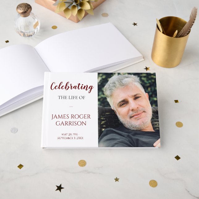 Red Celebration of Life Memorial Photo Guest Book (Front Open)
