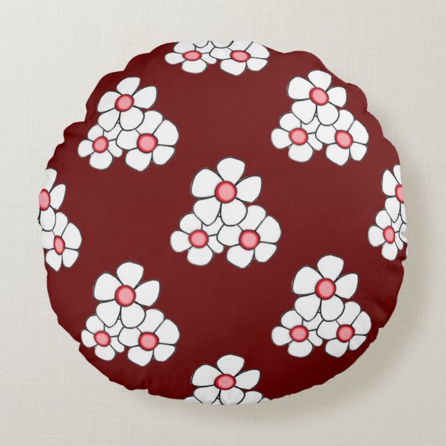 Red Centred Daisy Round Pillow (Front)