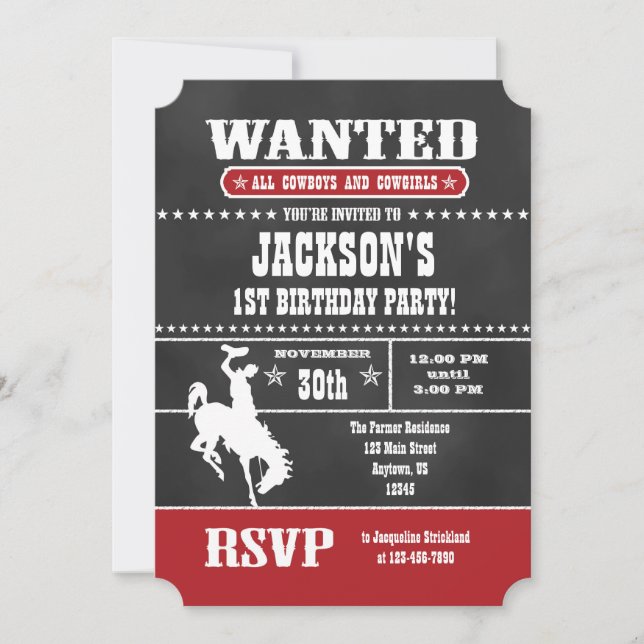 Red Chalkboard Cowboy Birthday Invitation (Front)