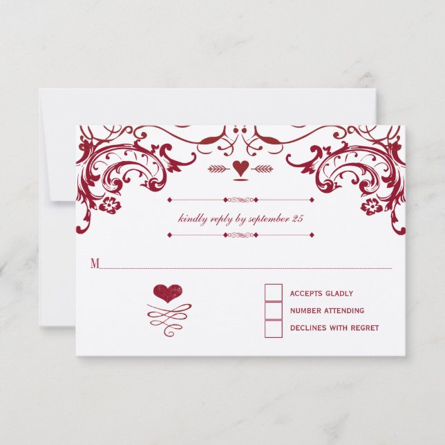 Red Chalkboard Cute Heart Initials Typography RSVP Card (Front)